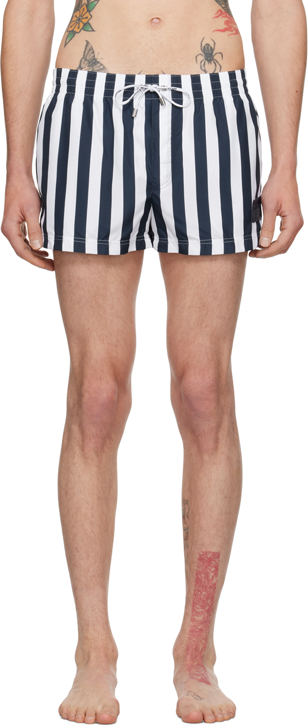 Blue & White Striped Swim Shorts