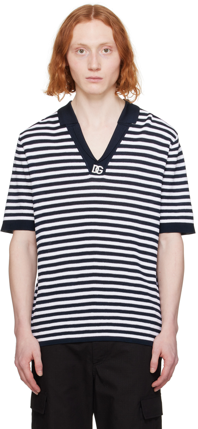 Shop Dolce & Gabbana Navy & White Striped Polo In Blu/bianco