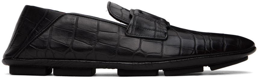 Dolce & Gabbana Black Calfskin Driver Loafers In 80999 Nero