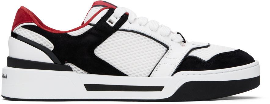 White & Black Mixed-Material New Roma Sneakers