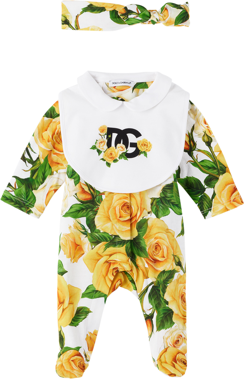 Shop Dolce & Gabbana Baby Yellow Floral Three-piece Set In Ha3vo Rose Gialle