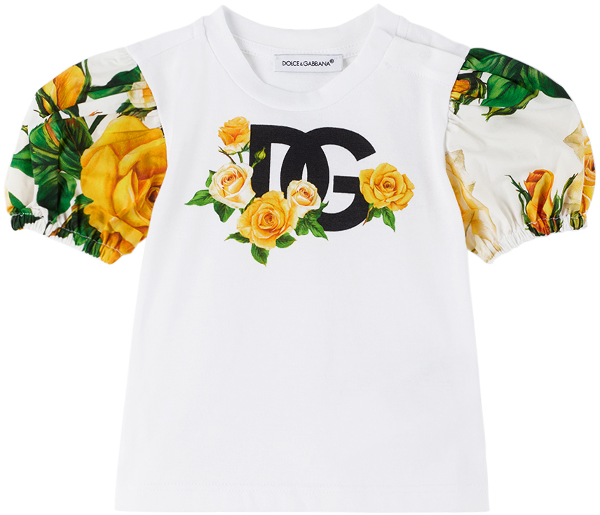 Shop Dolce & Gabbana Baby White Puff Sleeve T-shirt In Ha3vo Rose Gialle