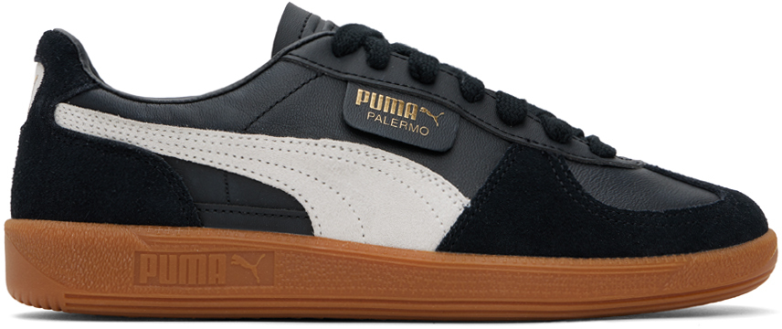 Shop Puma Black Palermo Leather Sneakers In  Black-feather G