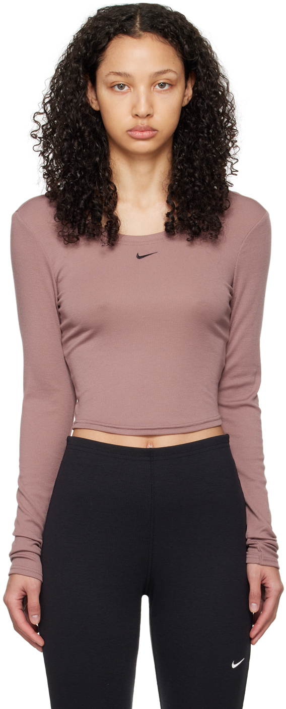 Shop Nike Pink Scoop Back Long Sleeve T-shirt In Smokey Mauve/black