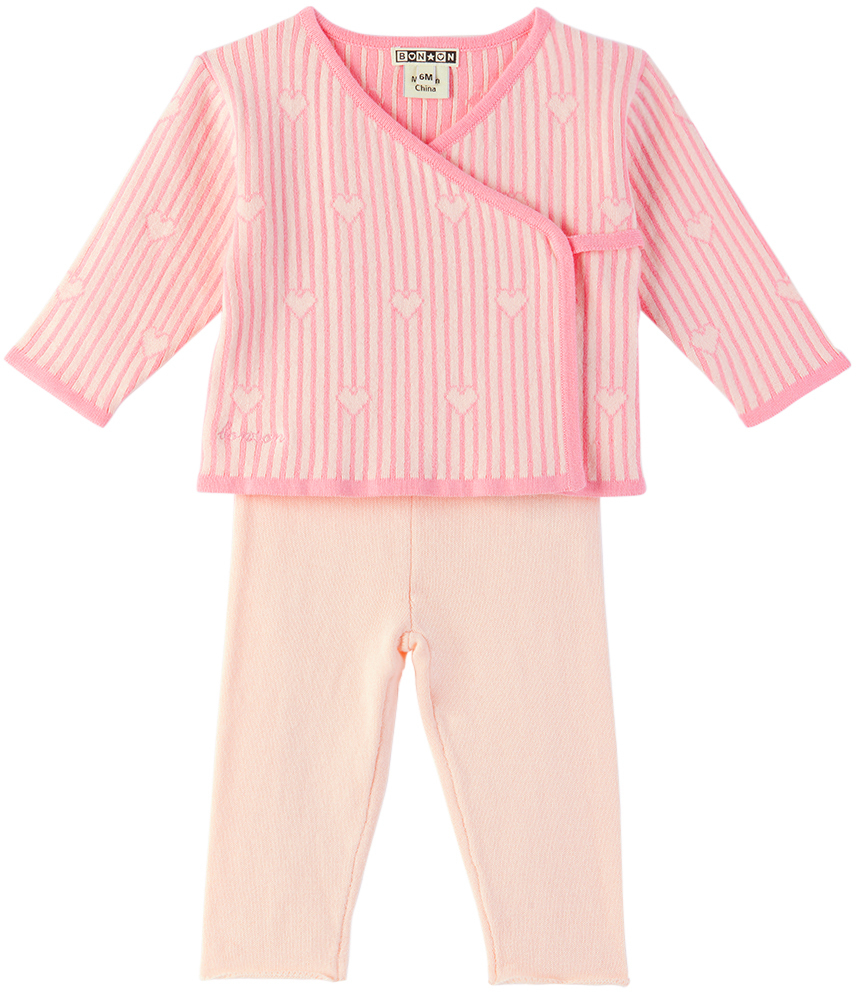 Shop Bonton Baby Pink Elo Cardigan & Leggings Set In Jacquard Coeur Rayé