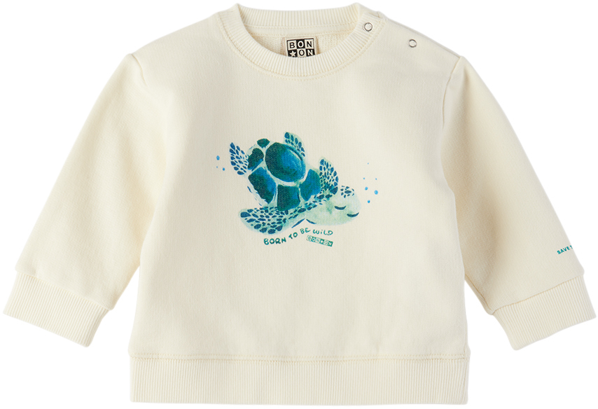 Shop Bonton Baby Off-white Smily Sweatshirt In Ecru