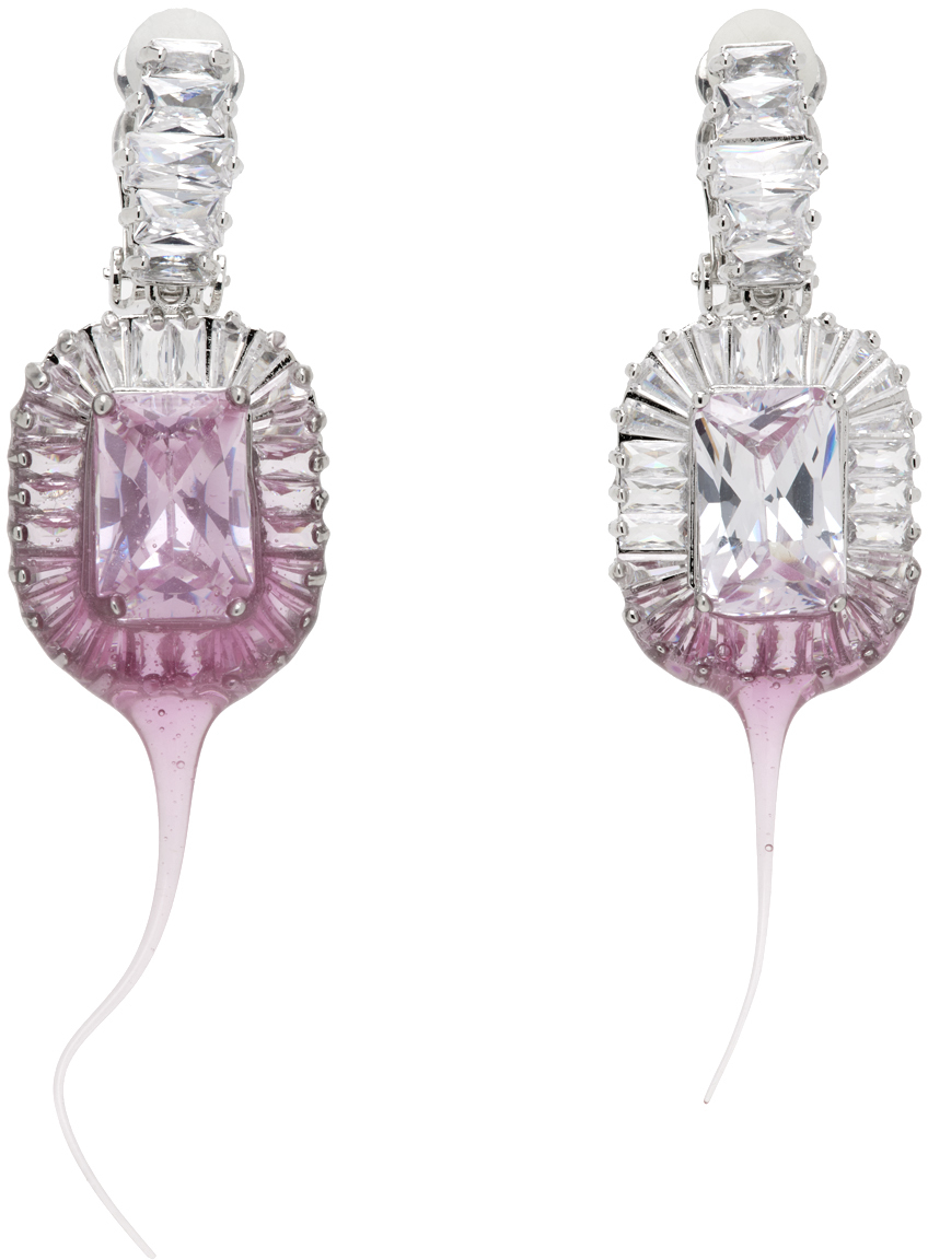 Shop Ottolinger Ssense Exclusive Silver & Pink Diamond Dip Clip Earrings In Light Pink