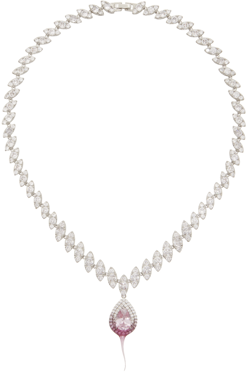 Shop Ottolinger Ssense Exclusive Silver & Pink Diamond Dip Necklace In Light Pink