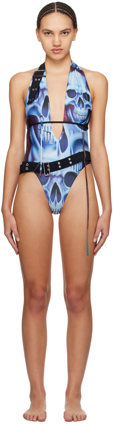 Ottolinger Blue Belt One-piece Swimsuit In Skull Print
