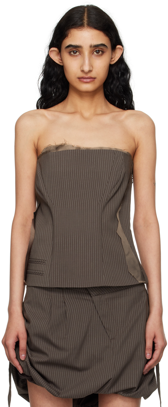Shop Ottolinger Brown Suit Camisole In Brown Pinstripe