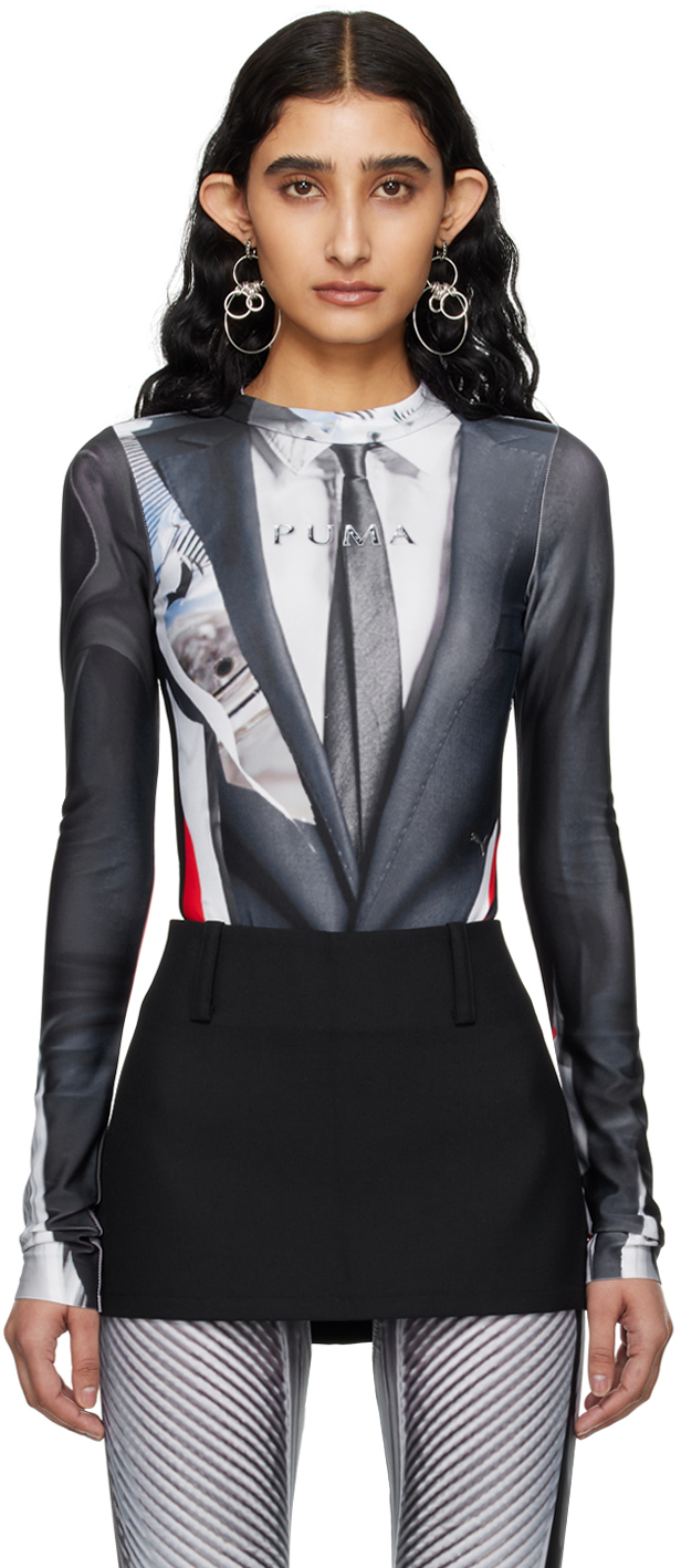 Shop Ottolinger Gray Puma Edition Bodysuit In Puma White