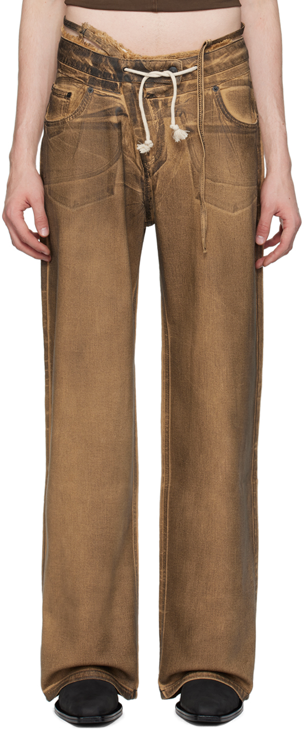 Shop Ottolinger Ssense Exclusive Brown Double Fold Jeans In Brown/black Paint Br