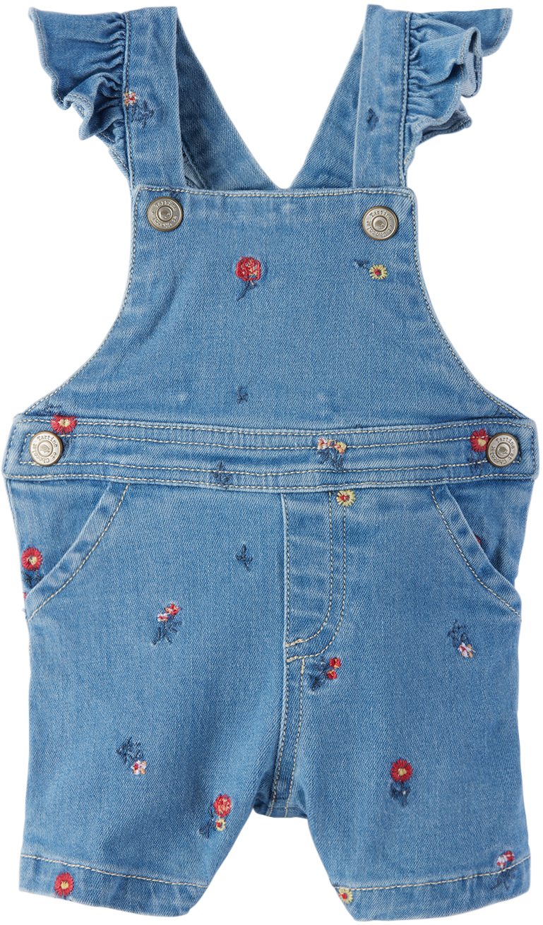 Shop Tartine Et Chocolat Baby Blue Embroidered Denim Overalls In Bleu Azur