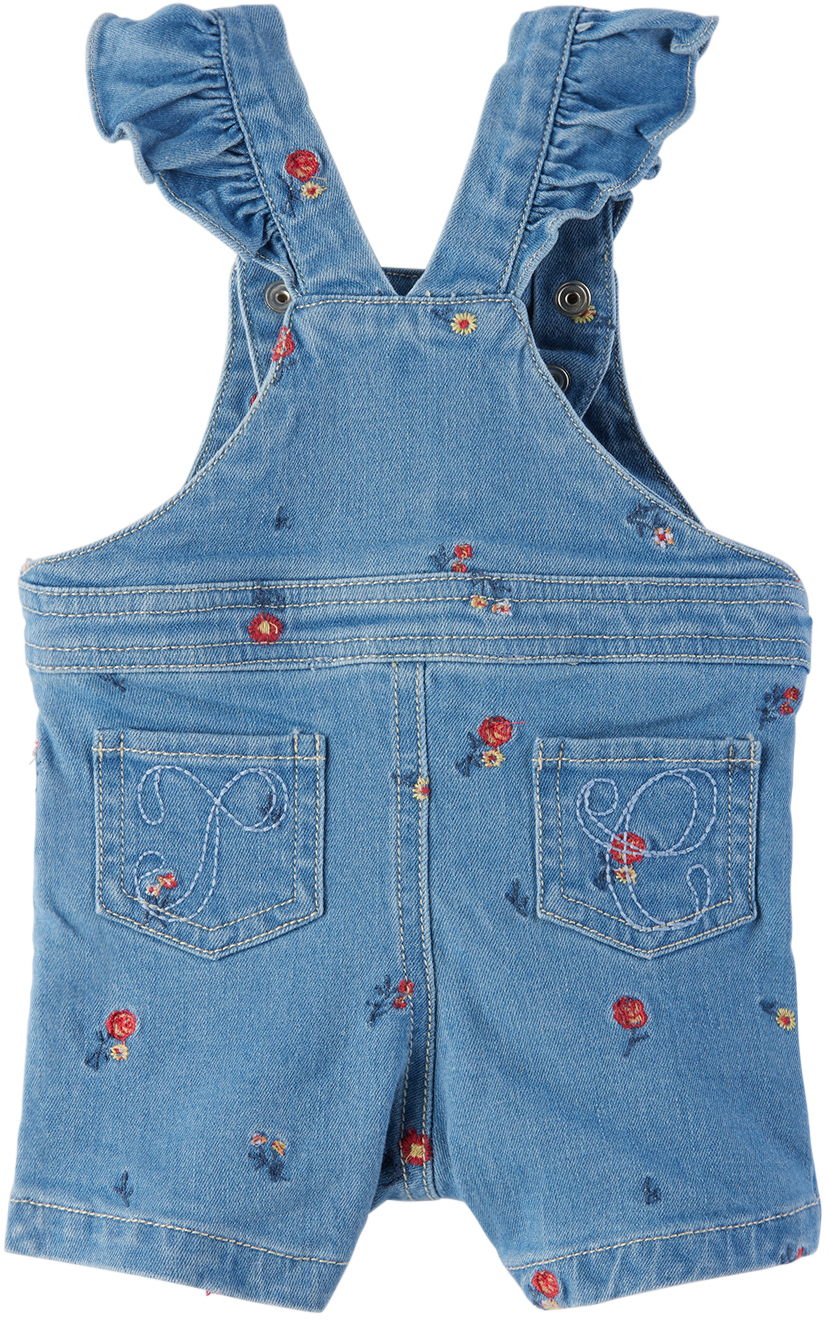 Tartine Et Chocolat Baby Blue Embroidered Denim Overalls In Bleu Azur