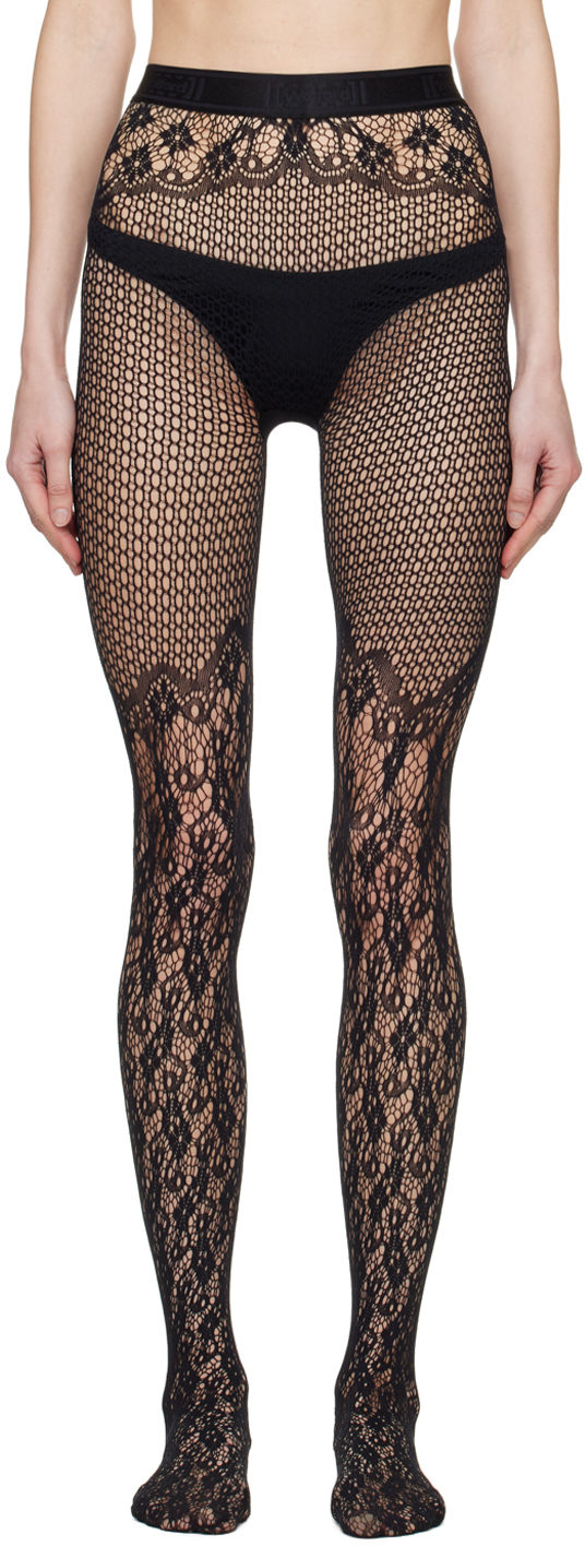 Wolford Black Flower Lace Tights In 7005 Black