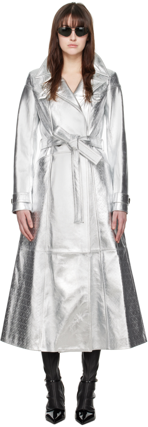 Marine Serre Silver Laminated Leather Trench Coat In Mt10 Silver