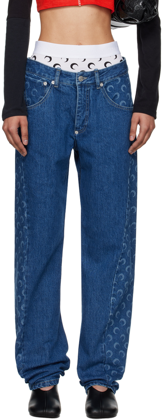 Blue Straight Leg Jeans by Marine Serre on Sale