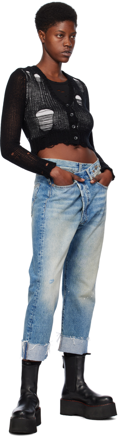R13 Cropped Layered Distressed Cashmere Cardigan In Black On Ecru