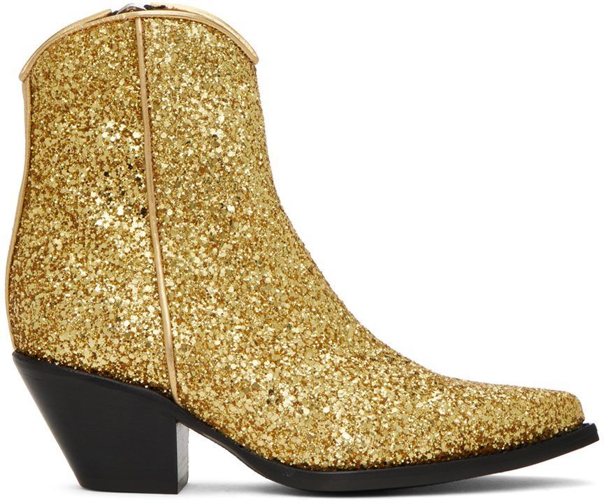 R13 Gold Skinny Ankle Cowboy Boots In Gold Sparkle