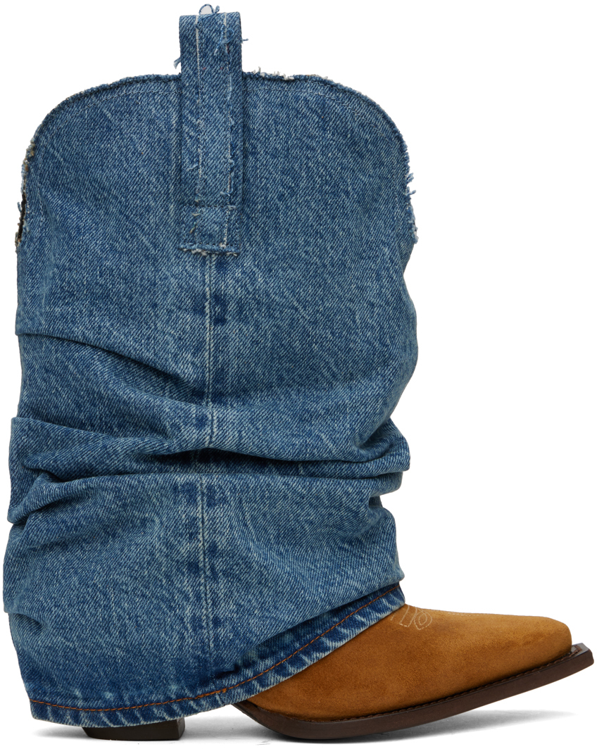 Tan Blue Low Rider Cowboy Denim Boots