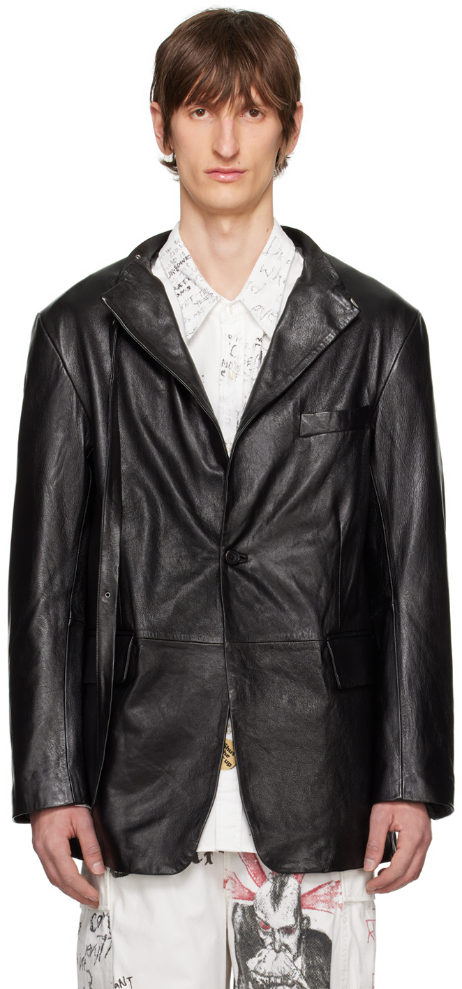 R13 Black Belt Collar Leather Jacket In Black Leather
