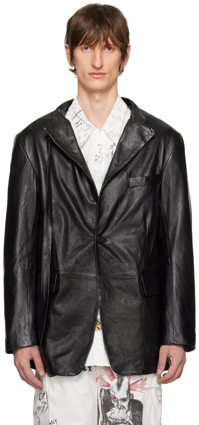 R13 Black Belt Collar Leather Jacket SSENSE