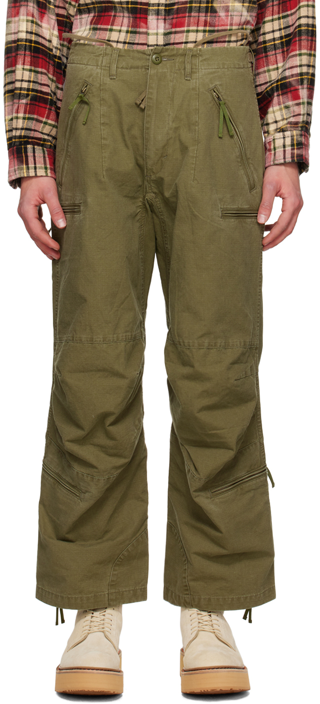 R13 Khaki Flight Cargo Trousers In Olive Cotton Ripstop