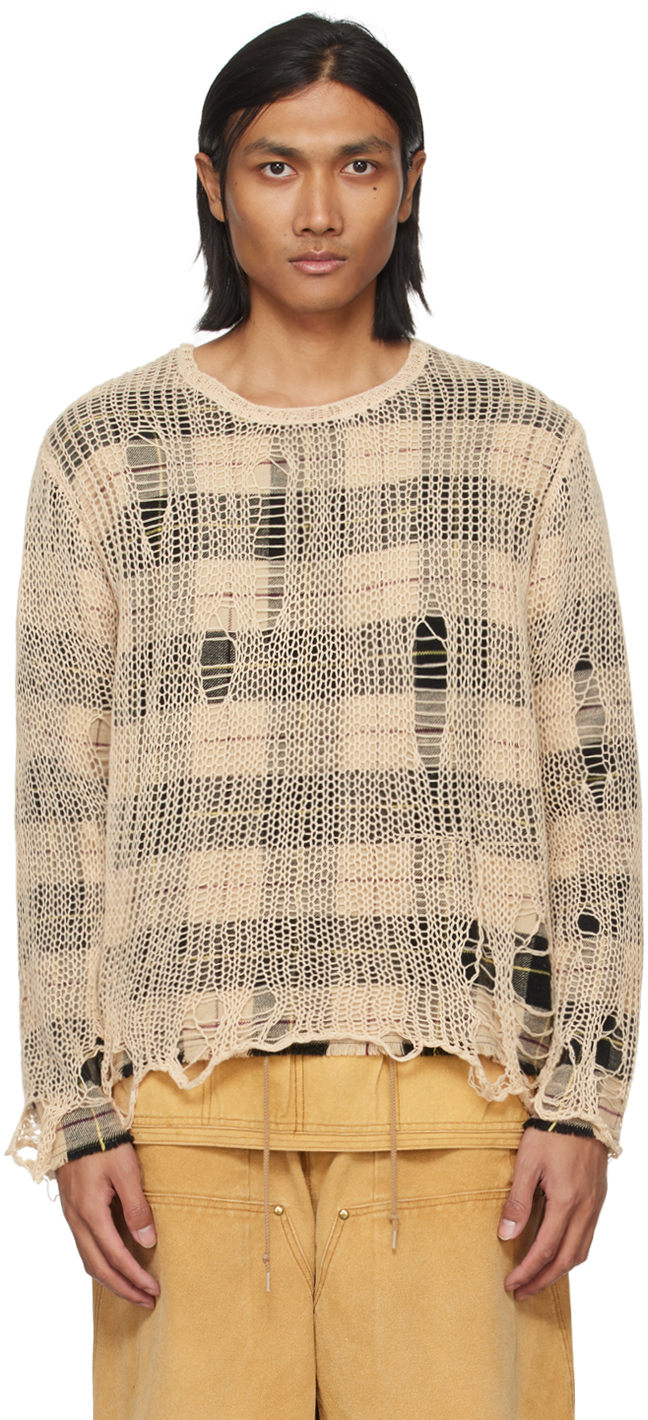 Beige Overlay Distressed Sweater