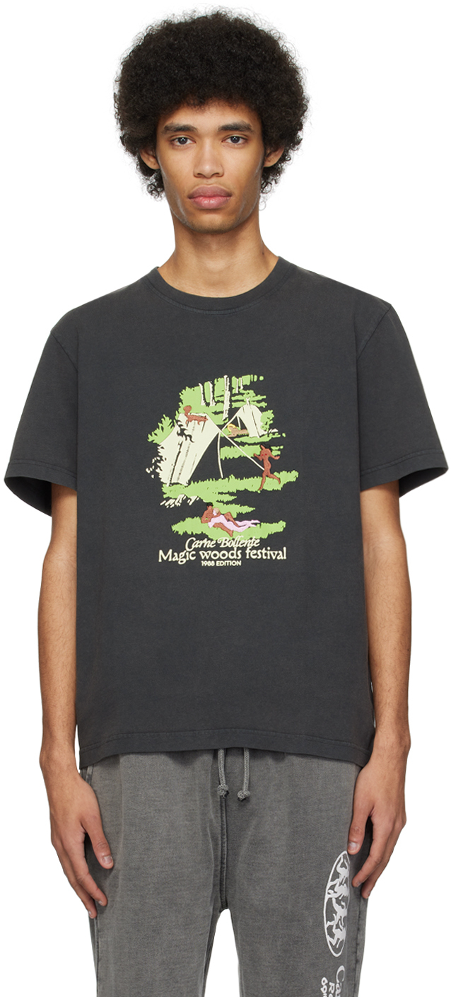 Shop Carne Bollente Black 'magic Woods Festival' T-shirt In Washed Black