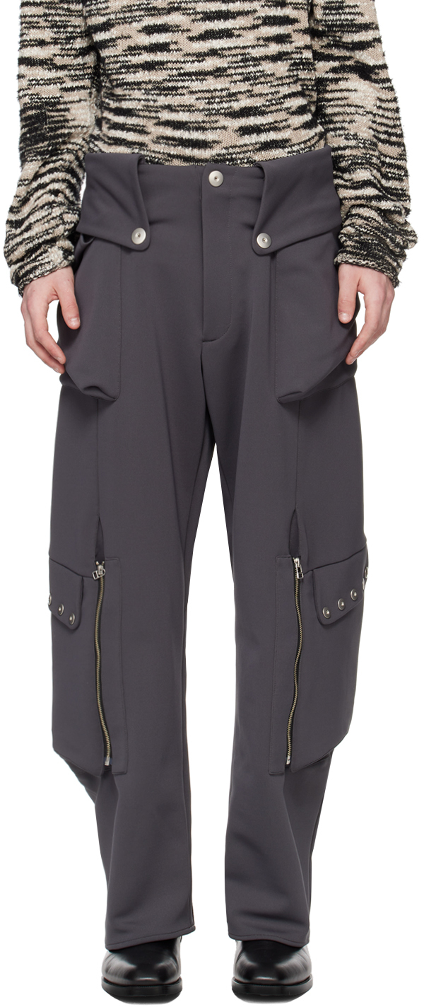 Gray Flap Cargo Pants by Omar Afridi on Sale