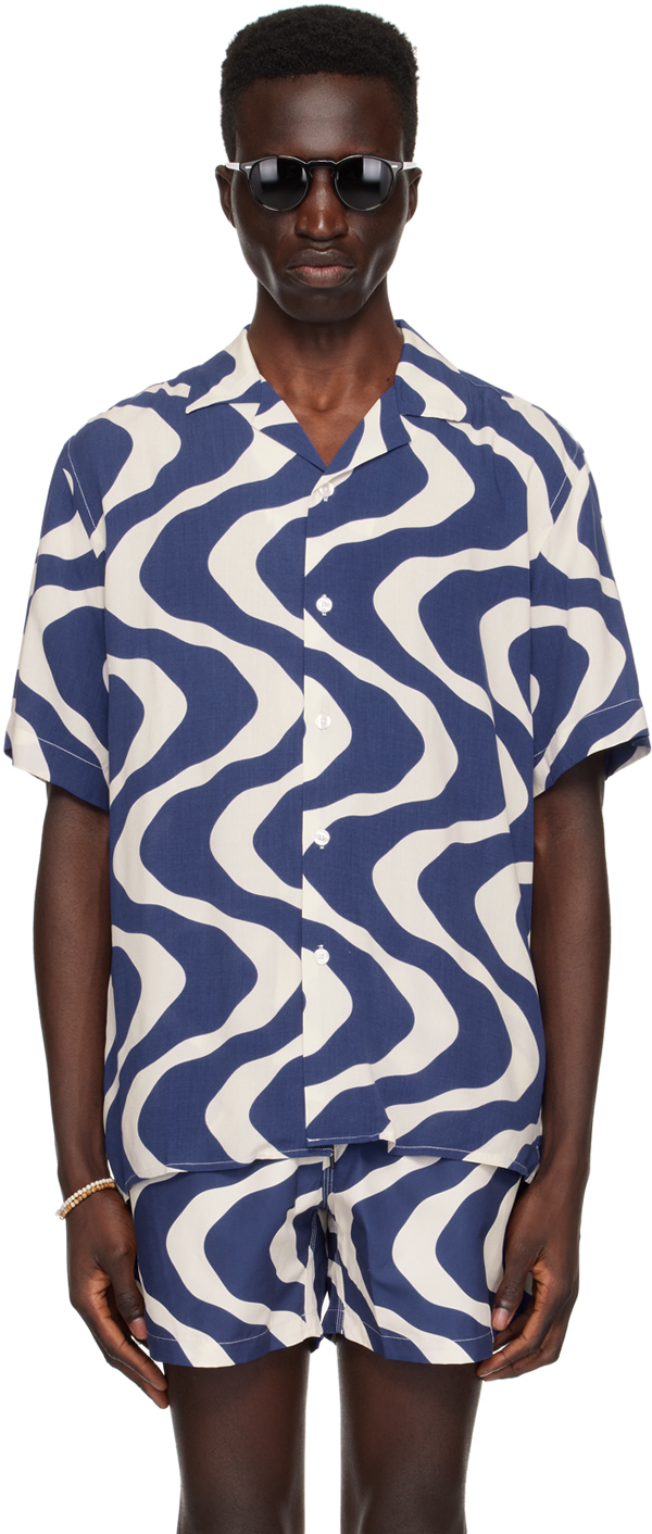 Shop Oas Blue & Off-white Rippling Shirt In Blue Rippling