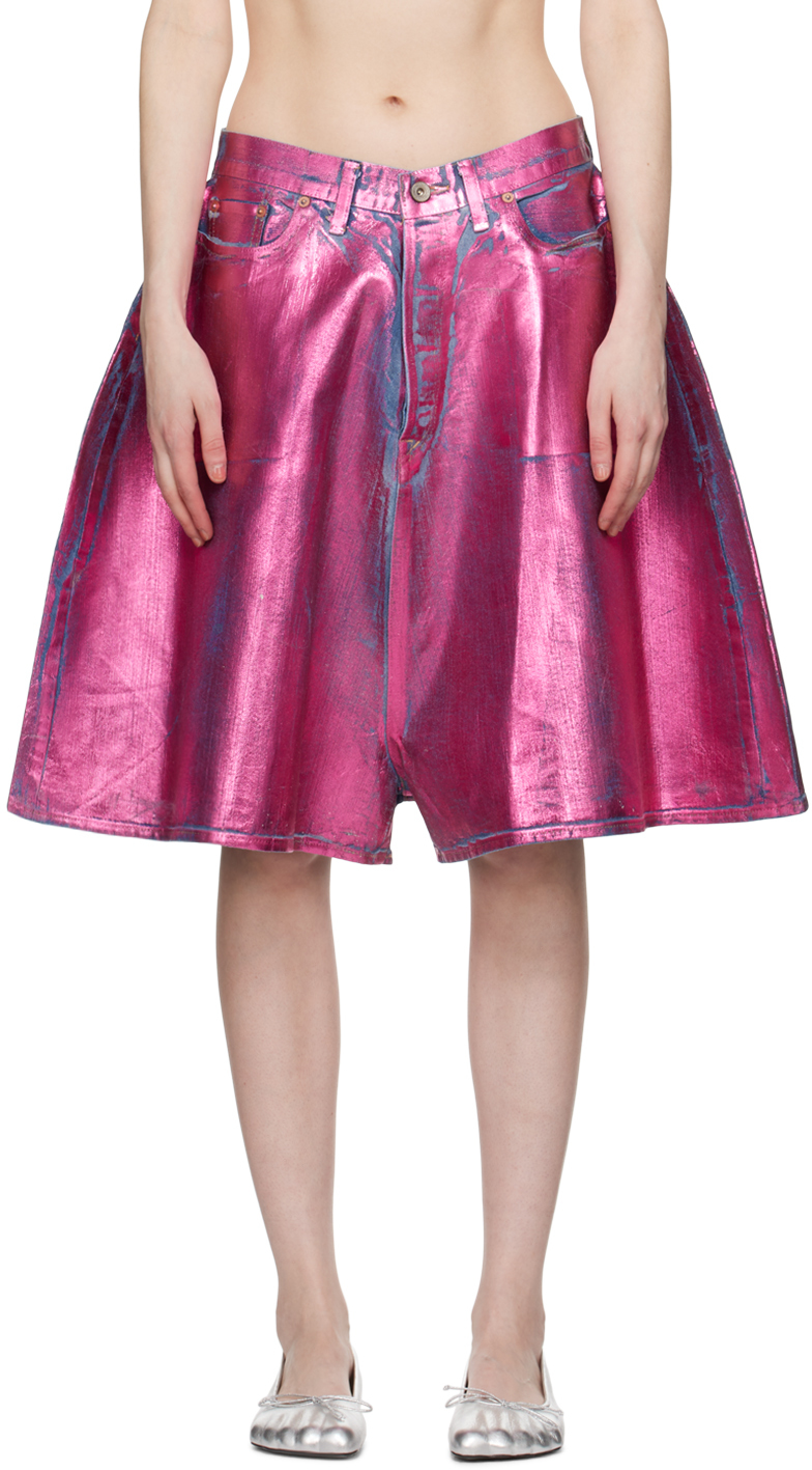 Pink Foil-Coated Denim Shorts