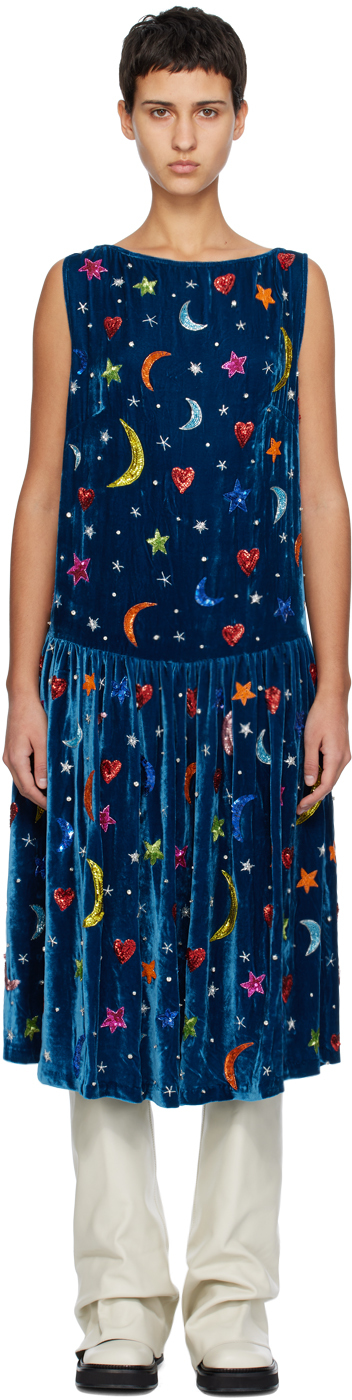 Caro Editions Blue Sonya Midi Dress In Blue W. Moon/star