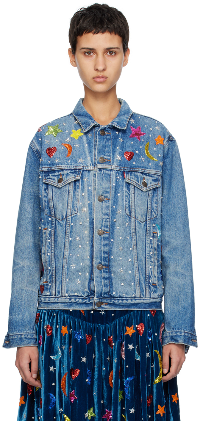 Caro Editions Blue Upcycled Denim Jacket In Beaded Multi Moon