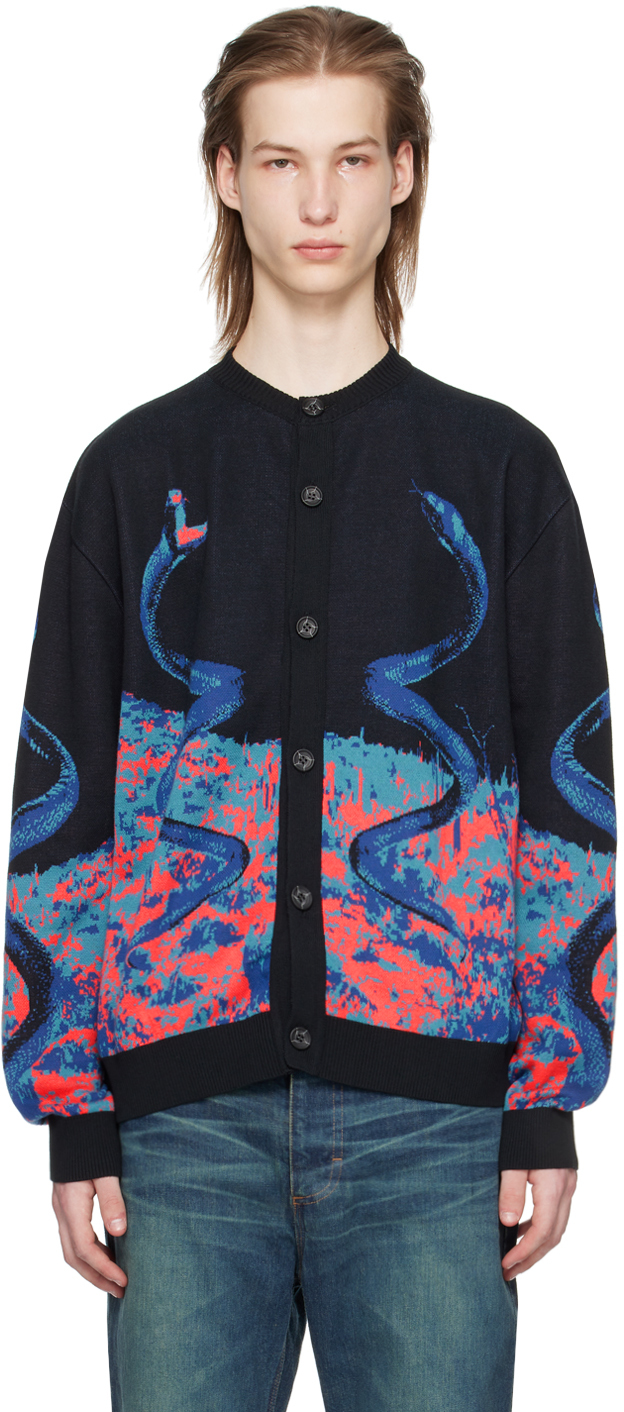 KOZABURO: Black & Blue Jacquard Cardigan | SSENSE