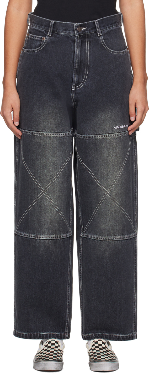 Mademe Black Double-knee Jeans In Faded Black