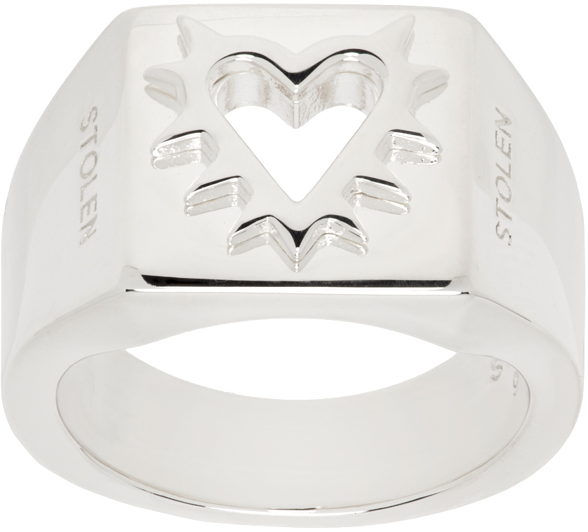 Silver Raised Spike Heart Signet Ring