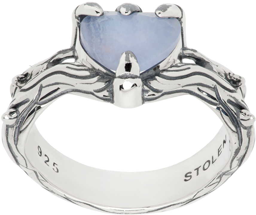 Stolen Girlfriends Club Silver Twisted Heart Ring In Blue Lace Agate