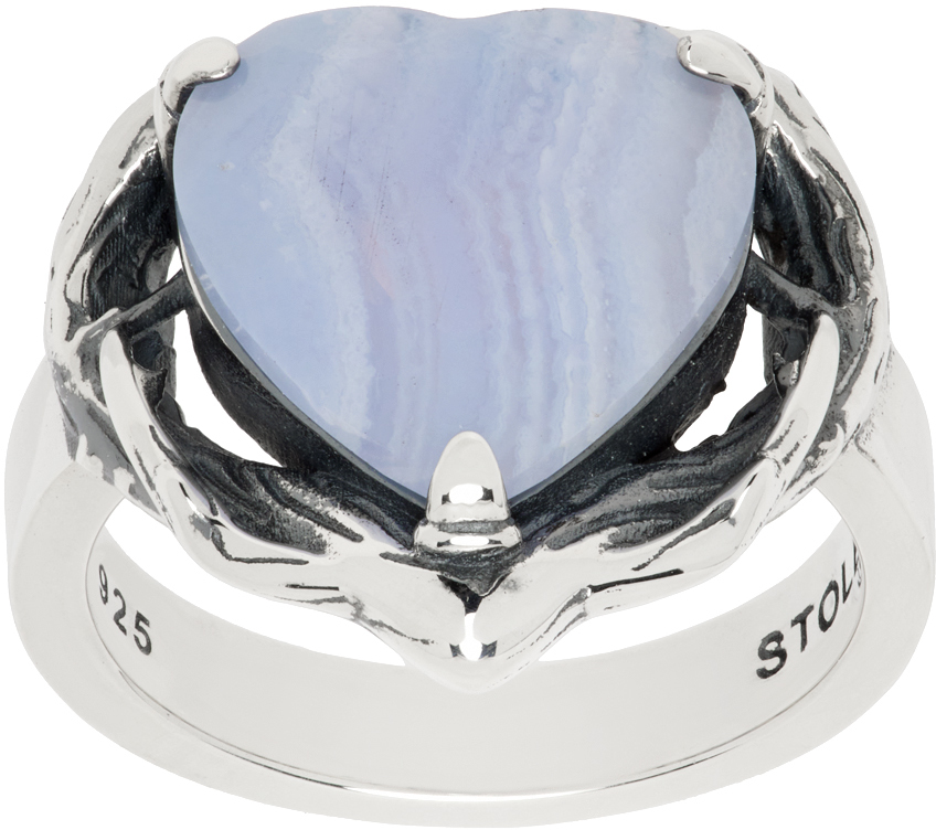 Stolen Girlfriends Club Silver Thorn Bound Heart Ring In Blue Lace Agate