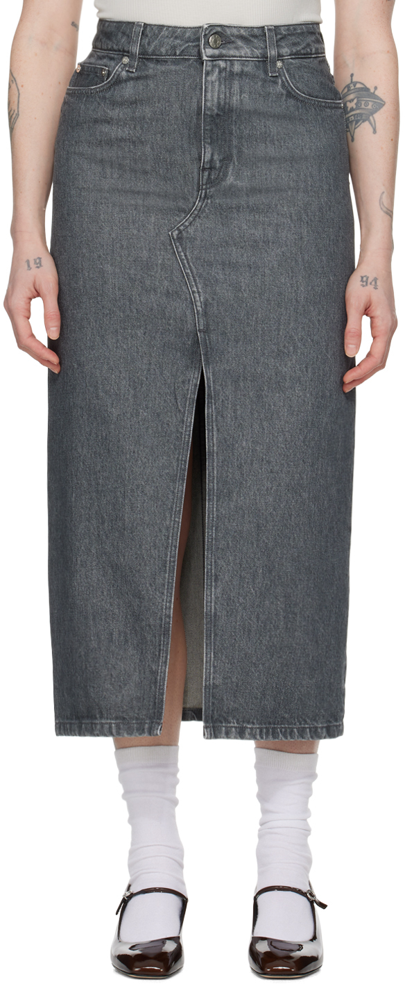 Gray Long Slit Denim Maxi Skirt