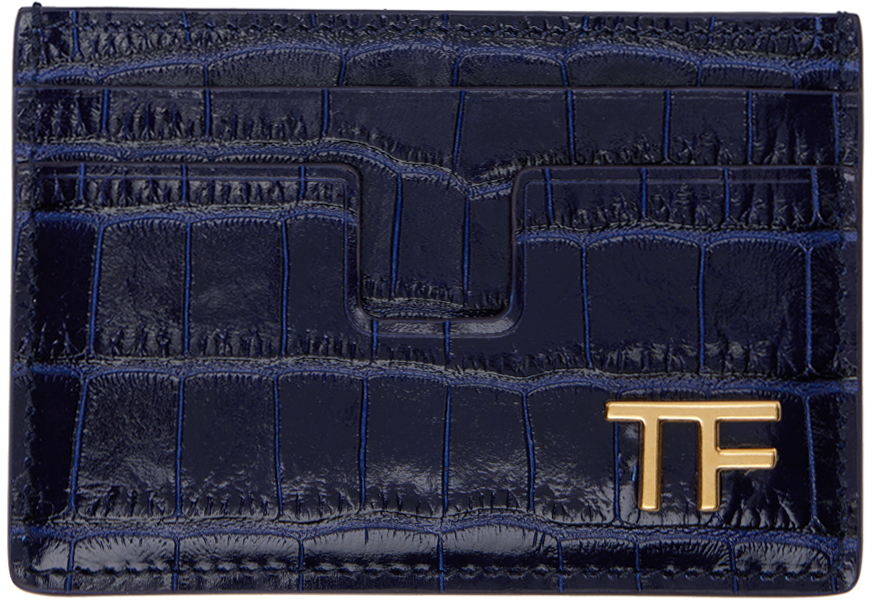 Tom Ford Navy Croc-embossed Card Holder In Blue