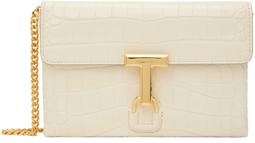 Shop Tom Ford Off-white Shiny Stamped Crocodile Monarch Mini Bag In 1w007 Ivory
