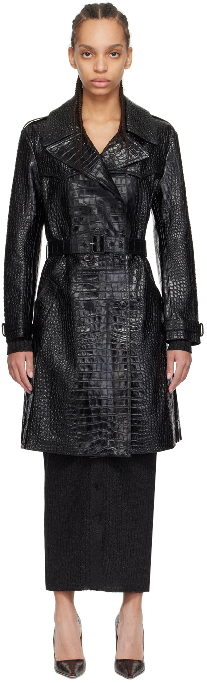 Black Croc-Embossed Leather Trench Coat