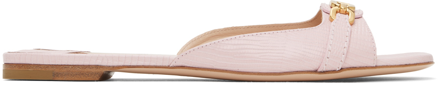 Pink Stamped Lizard Leather Slides