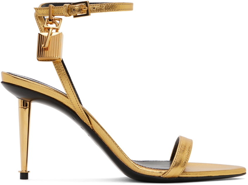 Gold Padlock Pointy Naked Heeled Sandals