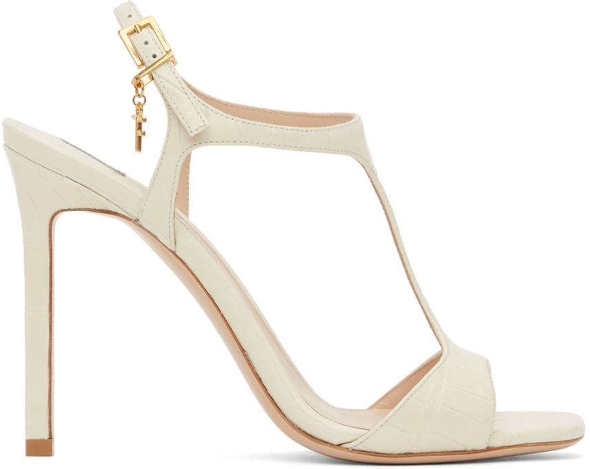 Shop Tom Ford Off-white Glossy Stamped Crocodile Leather Angelina Sandals In 1w018 Cream