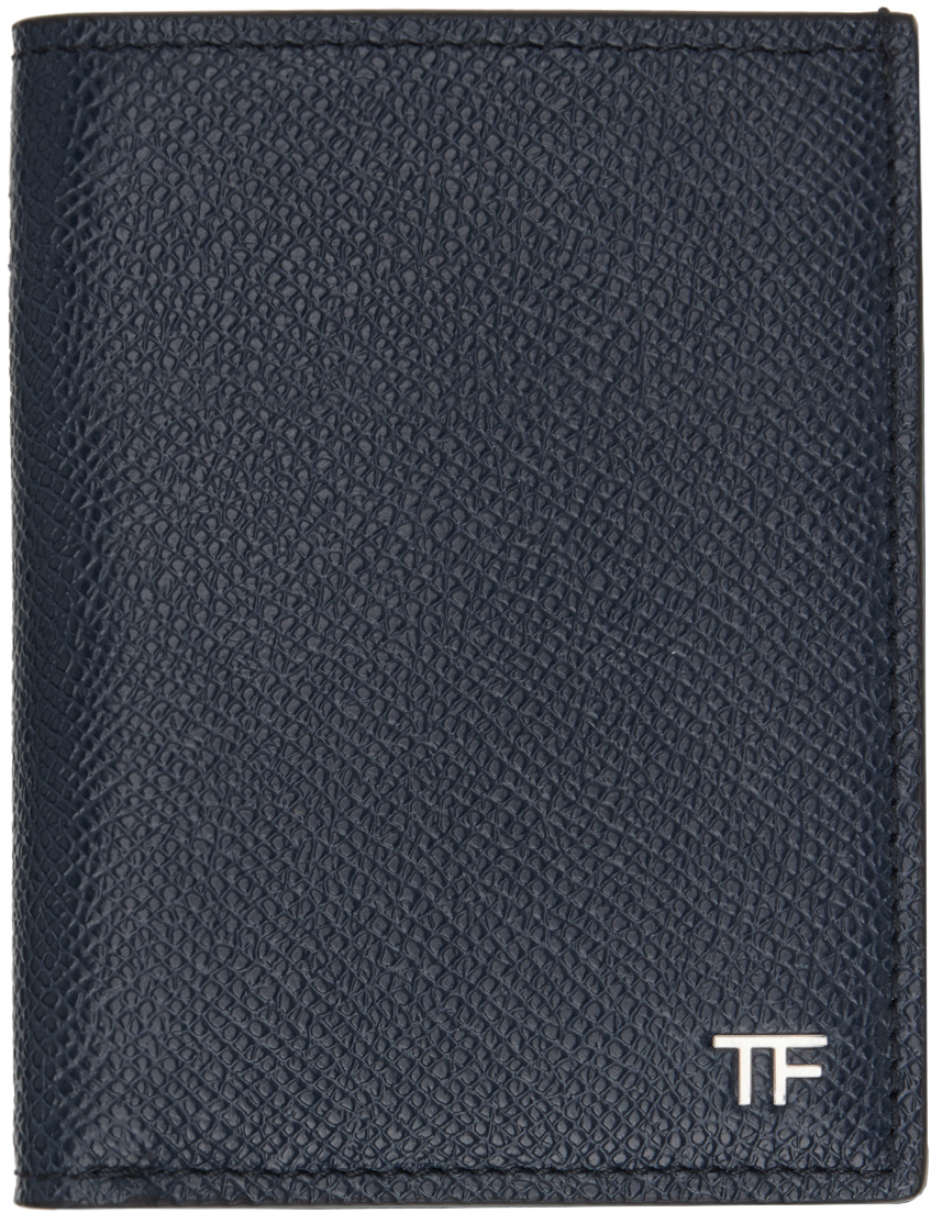 Navy Small Grain Leather Folding Card Holder