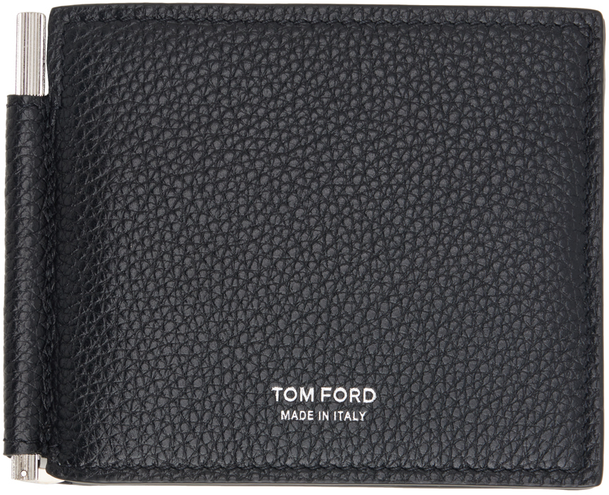 Black Grained Leather Money Clip Wallet