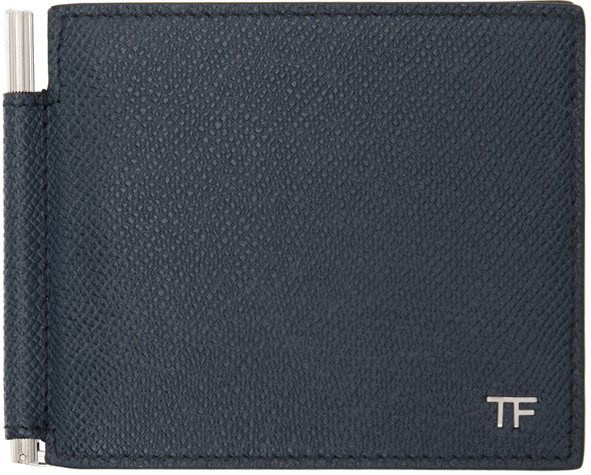 Navy Small Grain Leather Money Clip Wallet