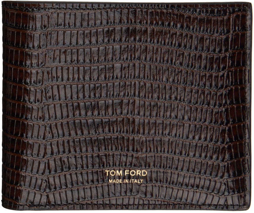 Tom Ford Brown Glossy Printed Croc Bifold Wallet In Chocolate Brown